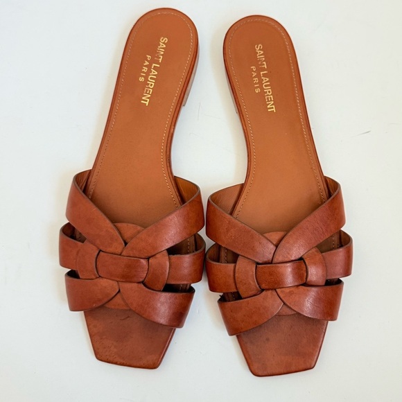 Saint Laurent Cognac Brown Leather Tribute open toe flat slide sandals EU 39.5 - Picture 2 of 11